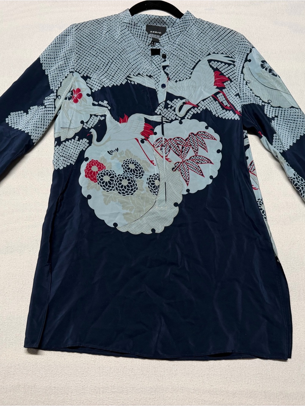 Akris Bergdorf Goodman 100% Silk Crane Print Japanese Tunic Blouse Shirt Size 6u